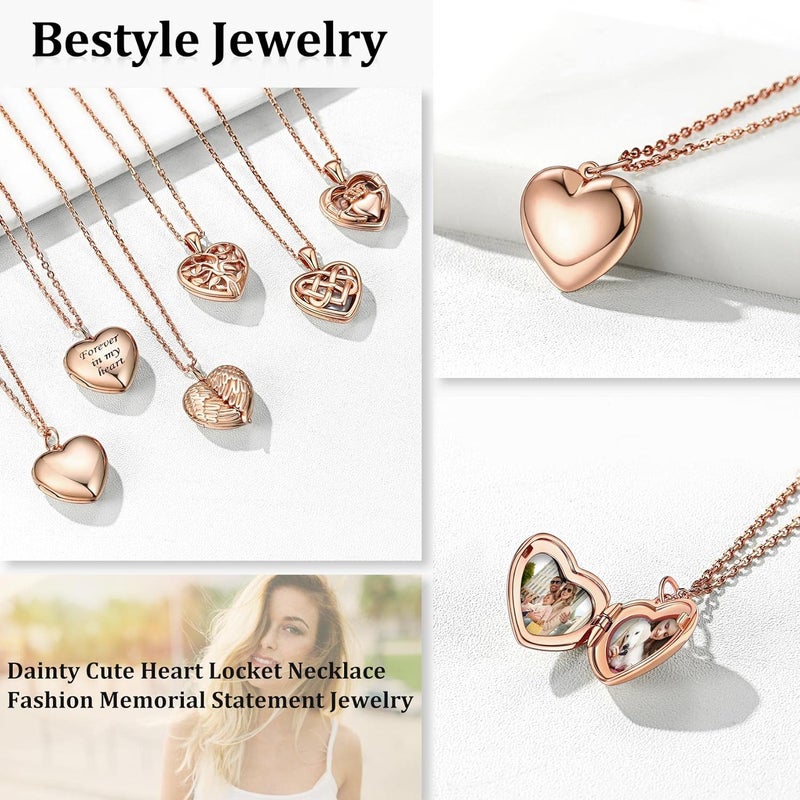 Bestyle Sterling Silver Heart Locket Necklace for Women, Dainty Cute Small Heart Locket Pendant in Gold/Rose Gold/Silver, Love Statement Jewelry Gift for Mother Wife - Image 2